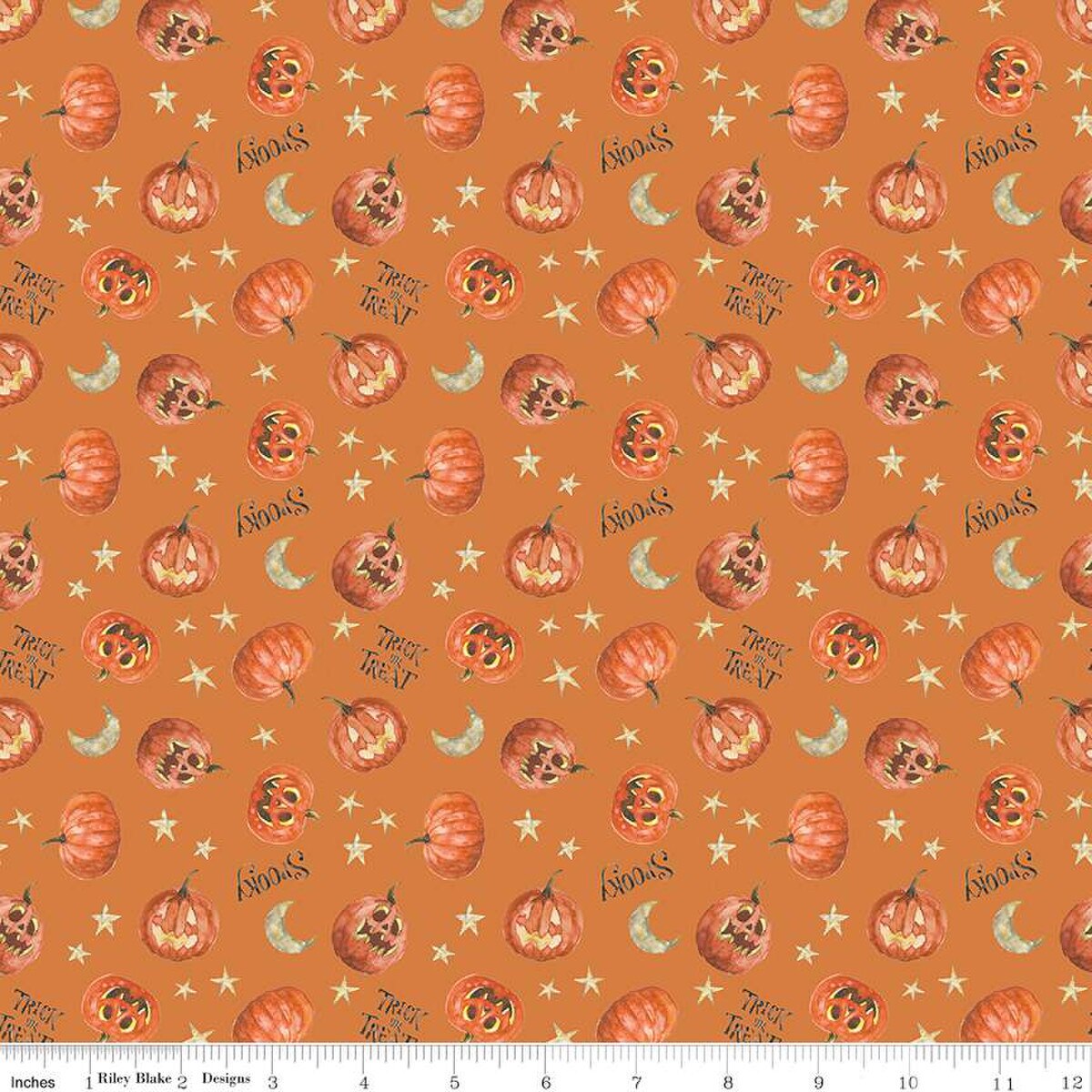 Trick or Treat Orange Halloween Fabric - Tossed Jack-o-Lanterns by Lisa Audit