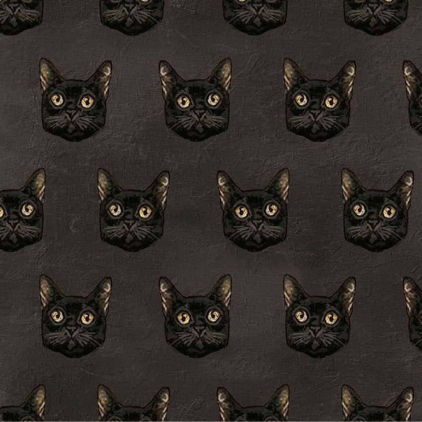 "Gothic Halloween dark gray cotton fabric with cats an print by Clothworks, 43 inches wide"
