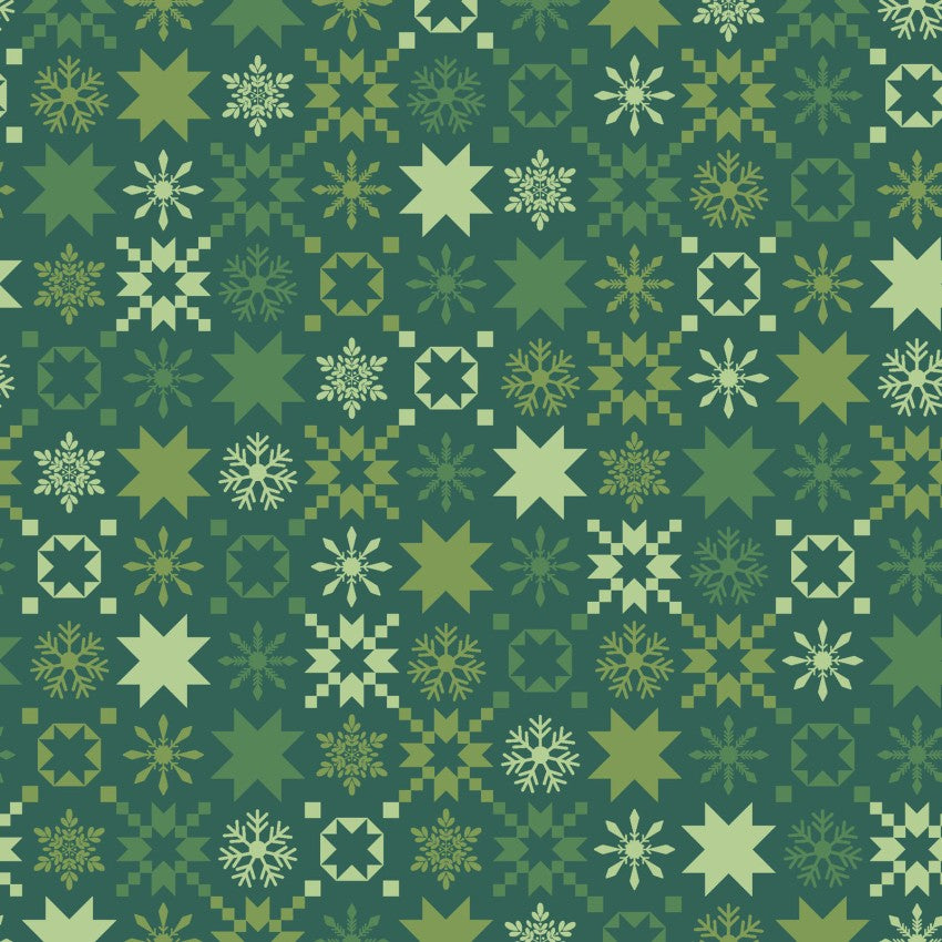Christmas themed green and white geometric pattern with stars and snowflakes on a green background