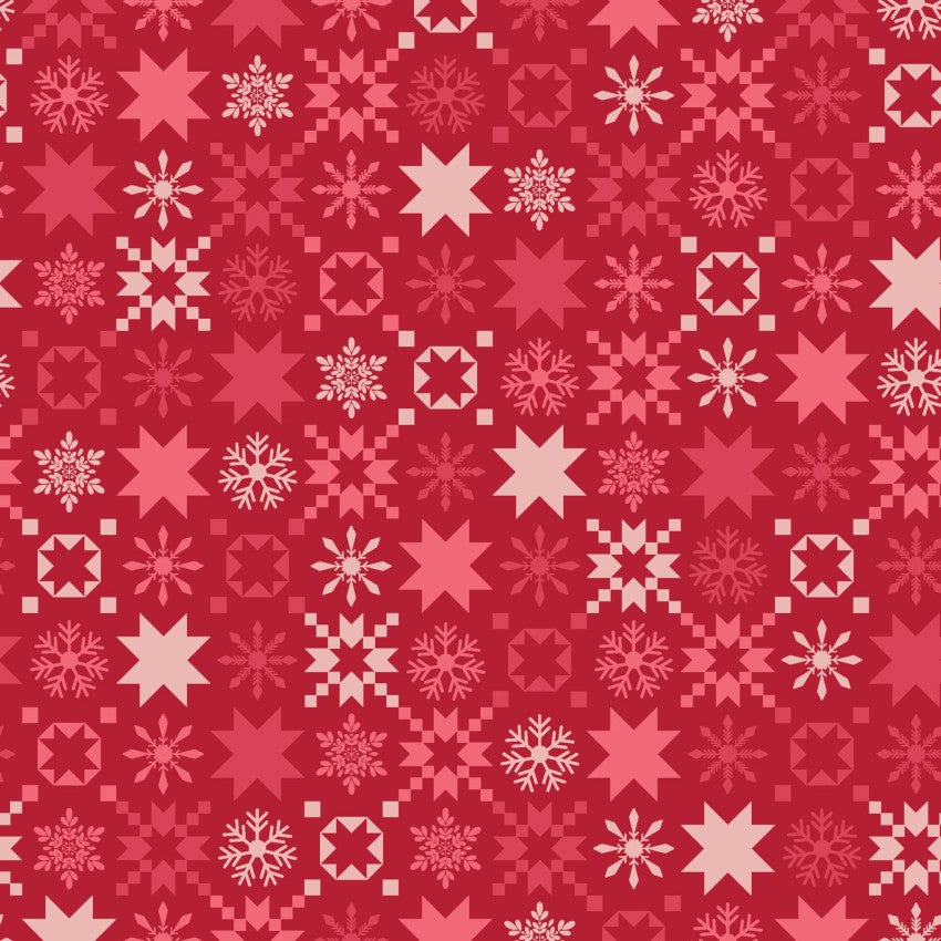 Christmas themed red pattern with stars and snowflakes on a red background