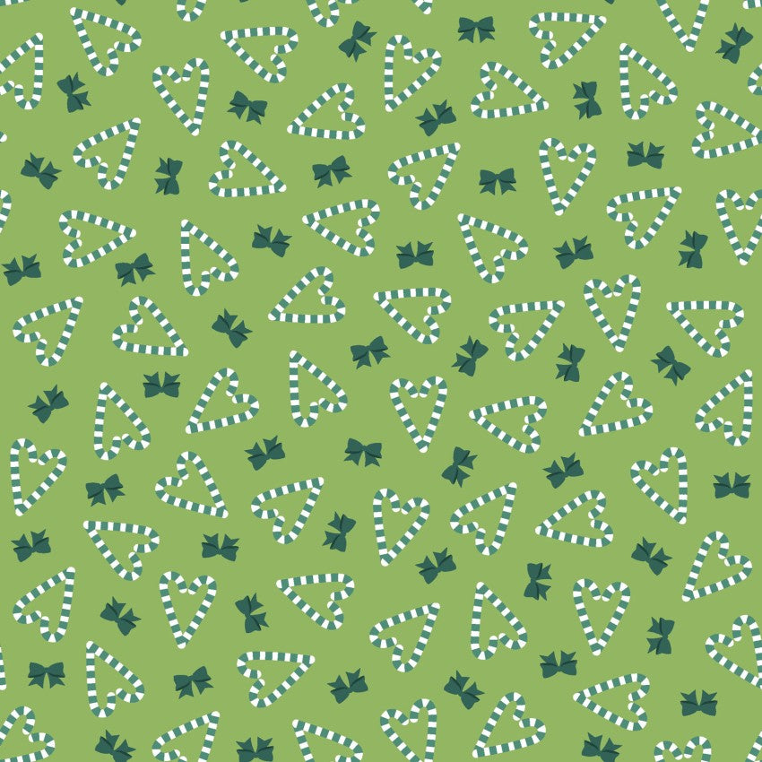 Christmas themed pattern of candy canes, bows, and triangles on a green background