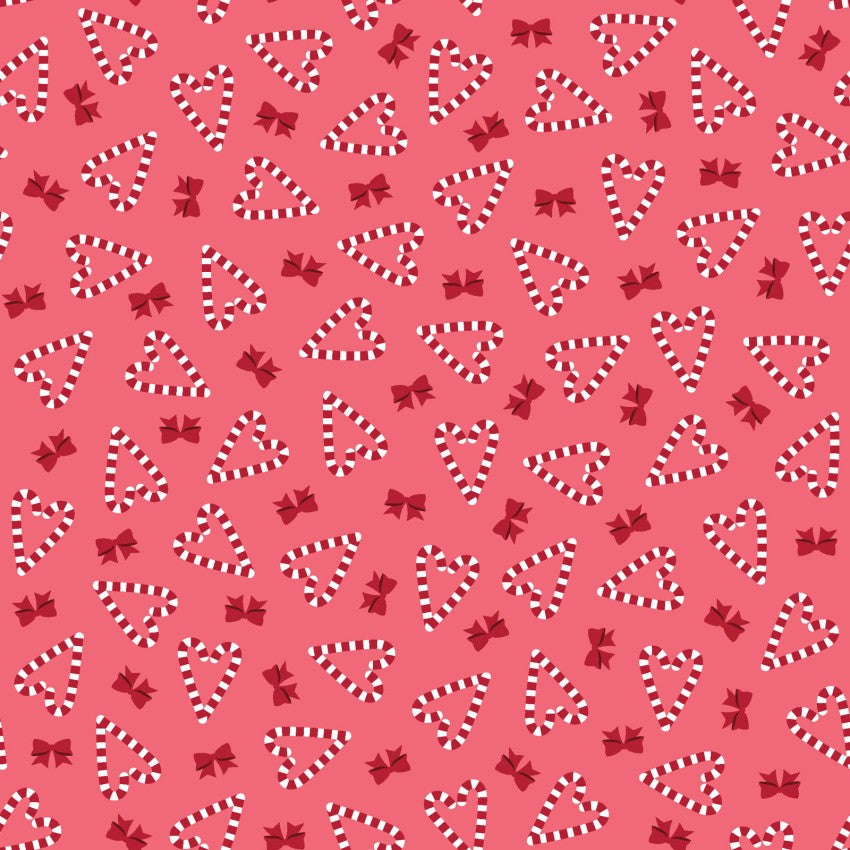 Christmas themed pattern of candy canes, hearts, and bows on a pink background