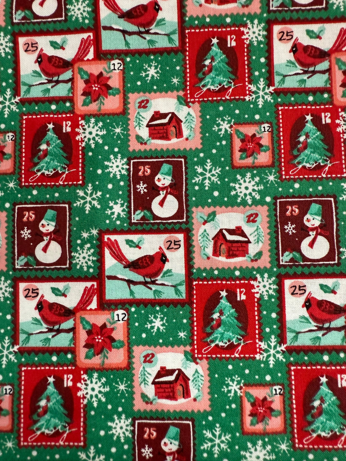 Mail Stamp Christmas Cardinals on Green Cotton Quilting Fabric