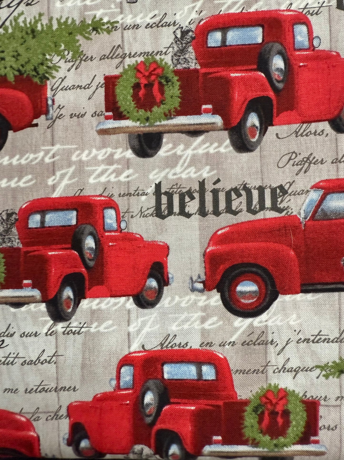 Hounds and Red Trucks on Gray Cotton Quilting Fabric