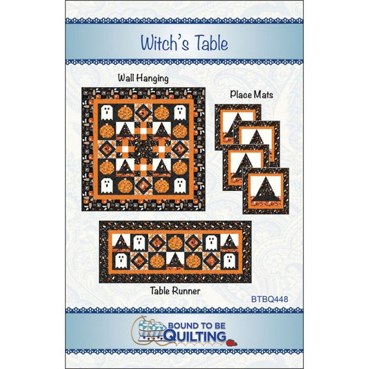 "Halloween witches table runner quilting pattern showing 20x50 inch runner with matching placemats and wall hanging"

