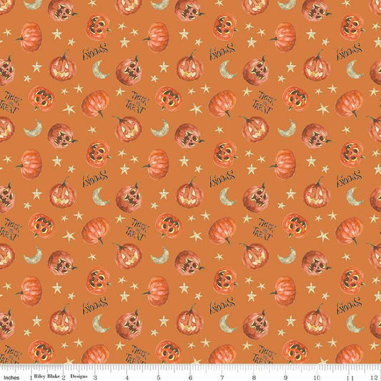 Trick or Treat Orange Halloween Fabric - Tossed Jack-o-Lanterns by Lisa Audit