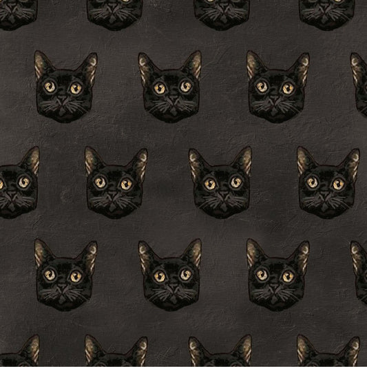 "Gothic Halloween dark gray cotton fabric with cats an print by Clothworks, 43 inches wide"
