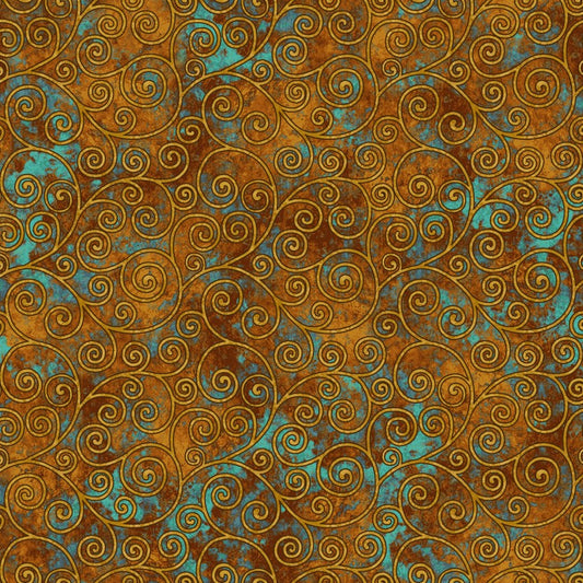 Patterned fabric with swirling designs in brown and blue tones