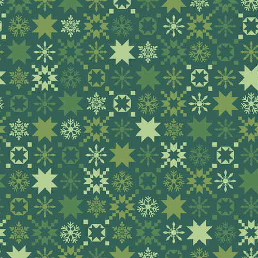 Christmas themed green and white geometric pattern with stars and snowflakes on a green background