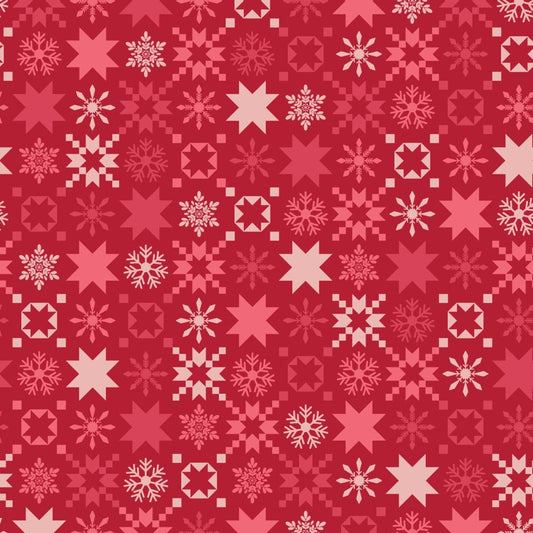 Christmas themed red pattern with stars and snowflakes on a red background
