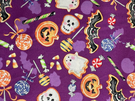 Halloween Cookie Treats on Purple Cotton Quilting Fabric