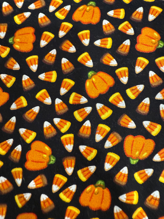 Halloween Candy Corn and Orange Pumpkins on Black Cotton Quilting Fabric