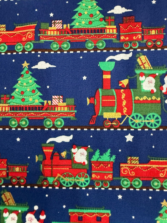 Santa on a Train Christmas Cotton Quilting Fabric