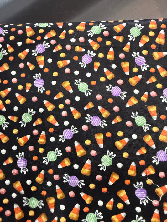 Halloween Candy with Candy Corn on Black Cotton Quilting Fabric