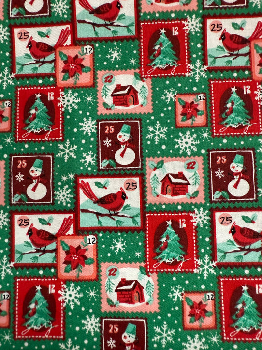 Mail Stamp Christmas Cardinals on Green Cotton Quilting Fabric