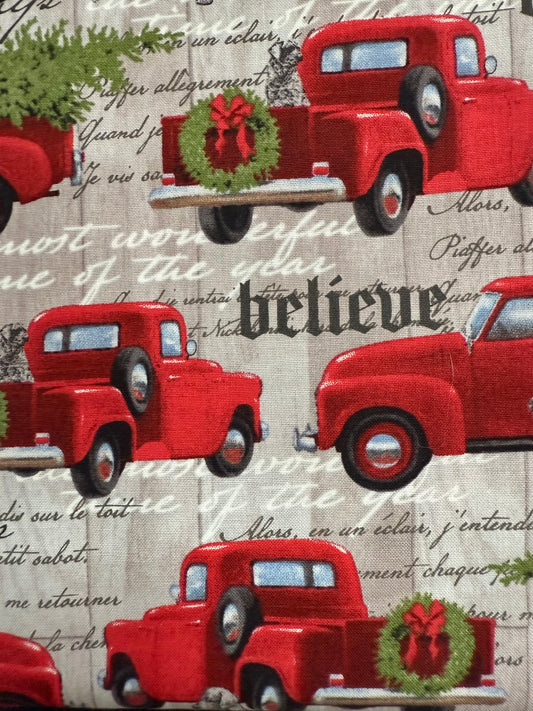 Hounds and Red Trucks on Gray Cotton Quilting Fabric